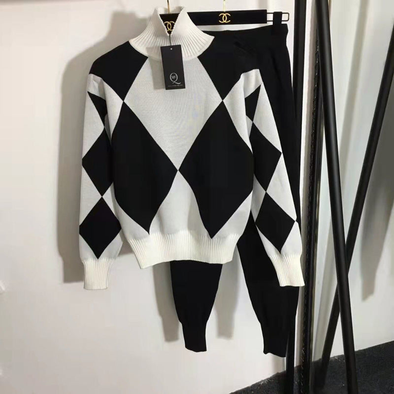 Damen stylisches Freizeitstrickset mit hohem Kragen Drune