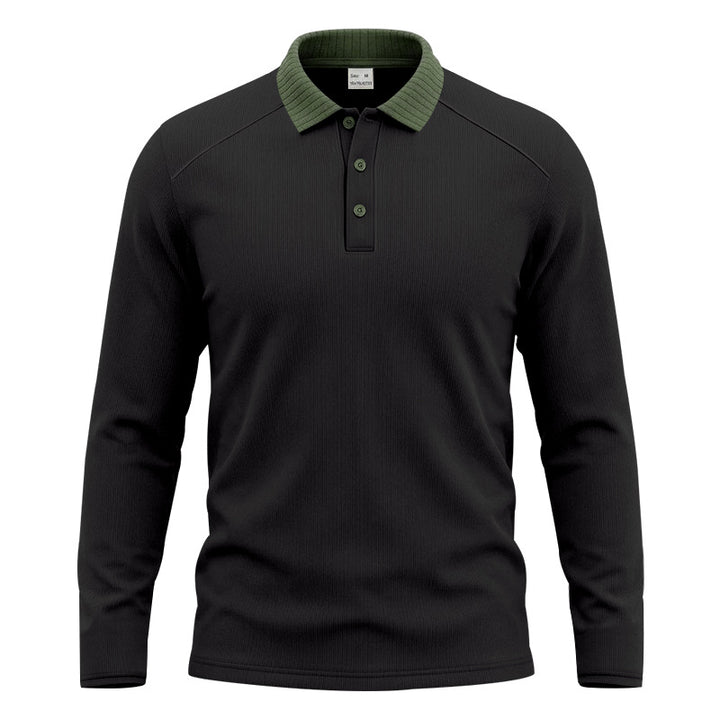 Herren Langarm-Poloshirt mit gerippter Kontrastkragen und feiner Waffelstruktur Drune