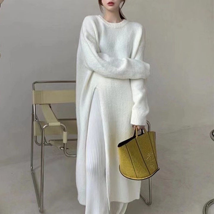 Damen modisches Strickkleid mit seitlichem Schlitz und großzügigem Schnitt Drune