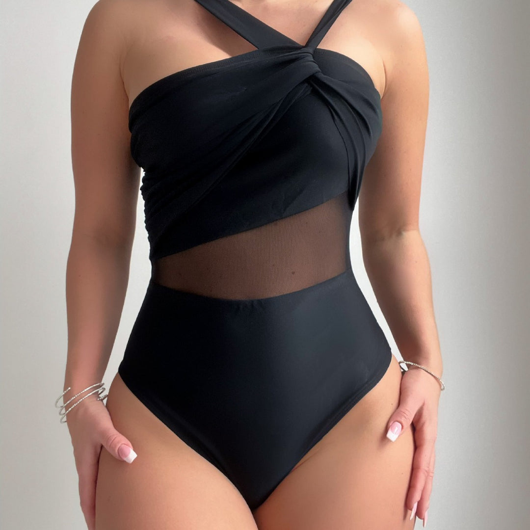 Damen Eleganter Einteiler Badeanzug mit Modernem Stoffmix Drune