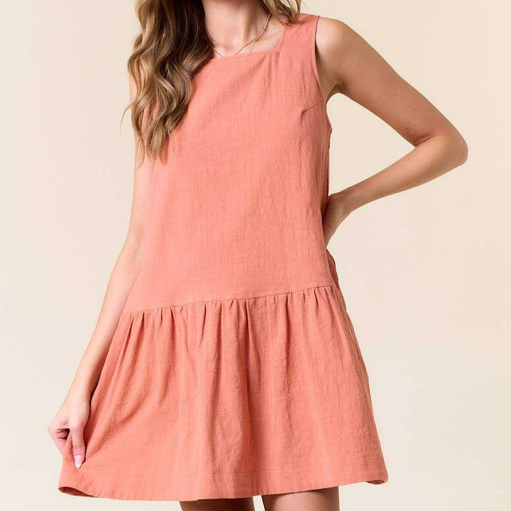 Damen luftiges Baumwollkleid mit runder Halslinie und voluminösem Rock Drune