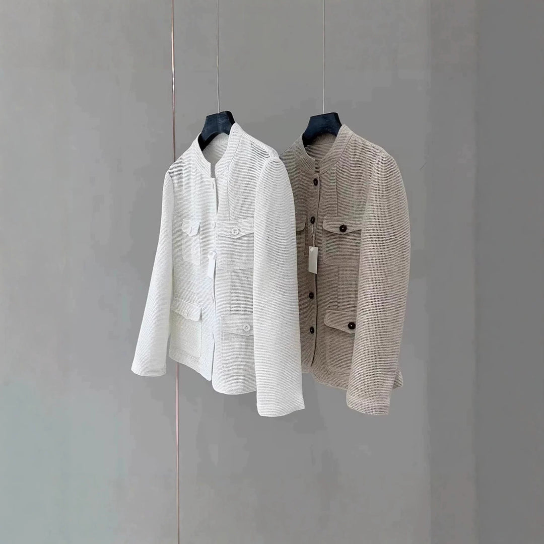Damen Leichte Häkeloptik-Übergangsjacke mit Rundkragen und Pattentaschen Drune