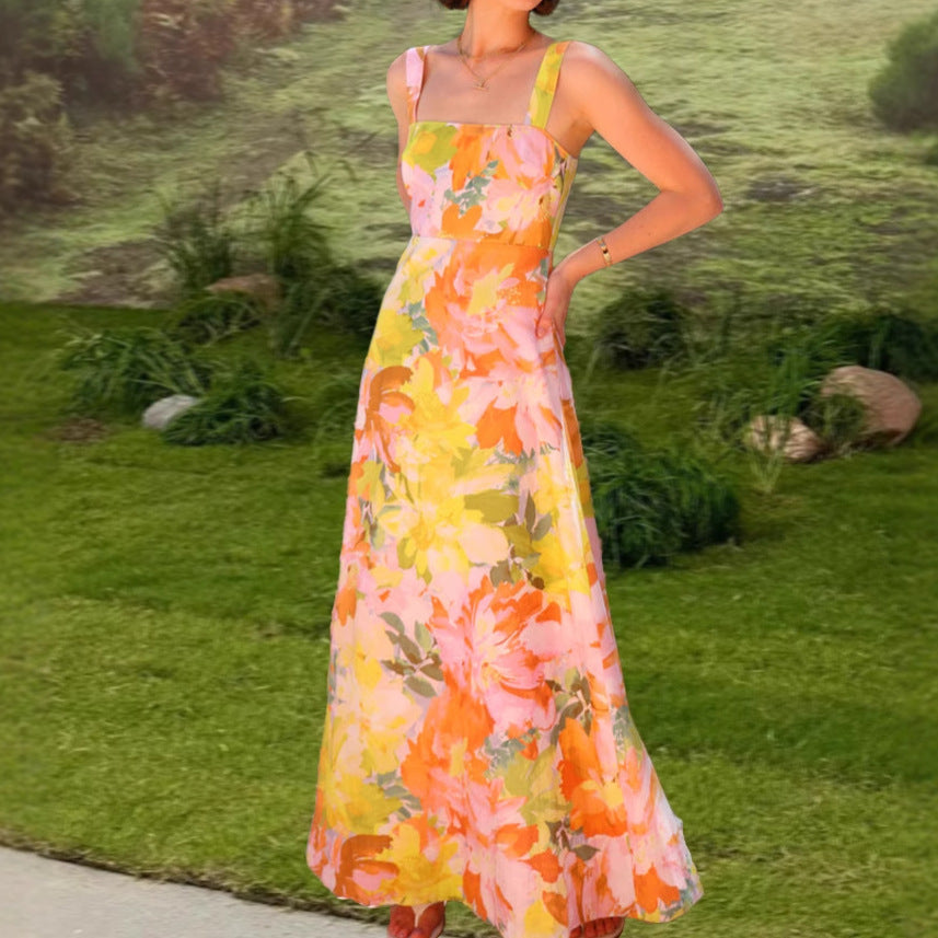 Damen Florales Maxikleid mit tailliertem Schnitt und Spaghettiträgern Drune