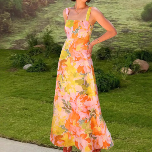 Damen Florales Maxikleid mit tailliertem Schnitt und Spaghettiträgern Drune