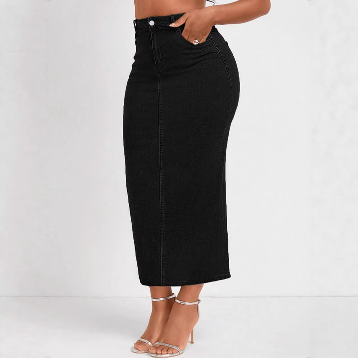 Damen Taillenhoher Stretch-Denim-Midirock mit sichtbarer Mittelnaht und Five-Pocket-Design Drune