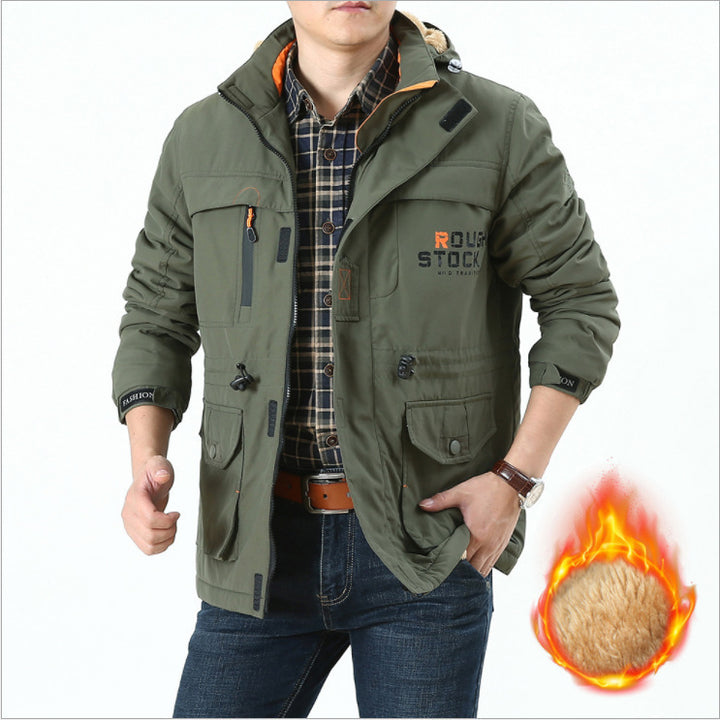 Herren Thermoisolierter Fieldparka mit Teddyfutter, Kapuze und Multifunktionstaschen Drune