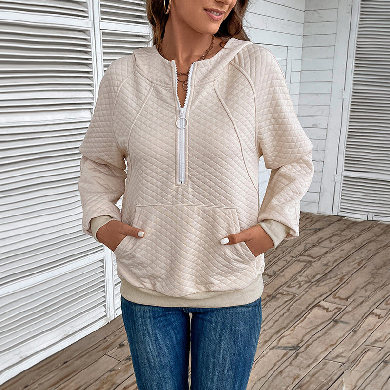 Damen Stepp-Hoodie mit halbem Reißverschluss, Kängurutasche und gesteppter Struktur Drune