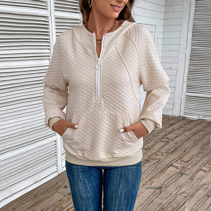 Damen Stepp-Hoodie mit halbem Reißverschluss, Kängurutasche und gesteppter Struktur Drune