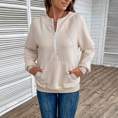 Damen Stepp-Hoodie mit halbem Reißverschluss, Kängurutasche und gesteppter Struktur Drune