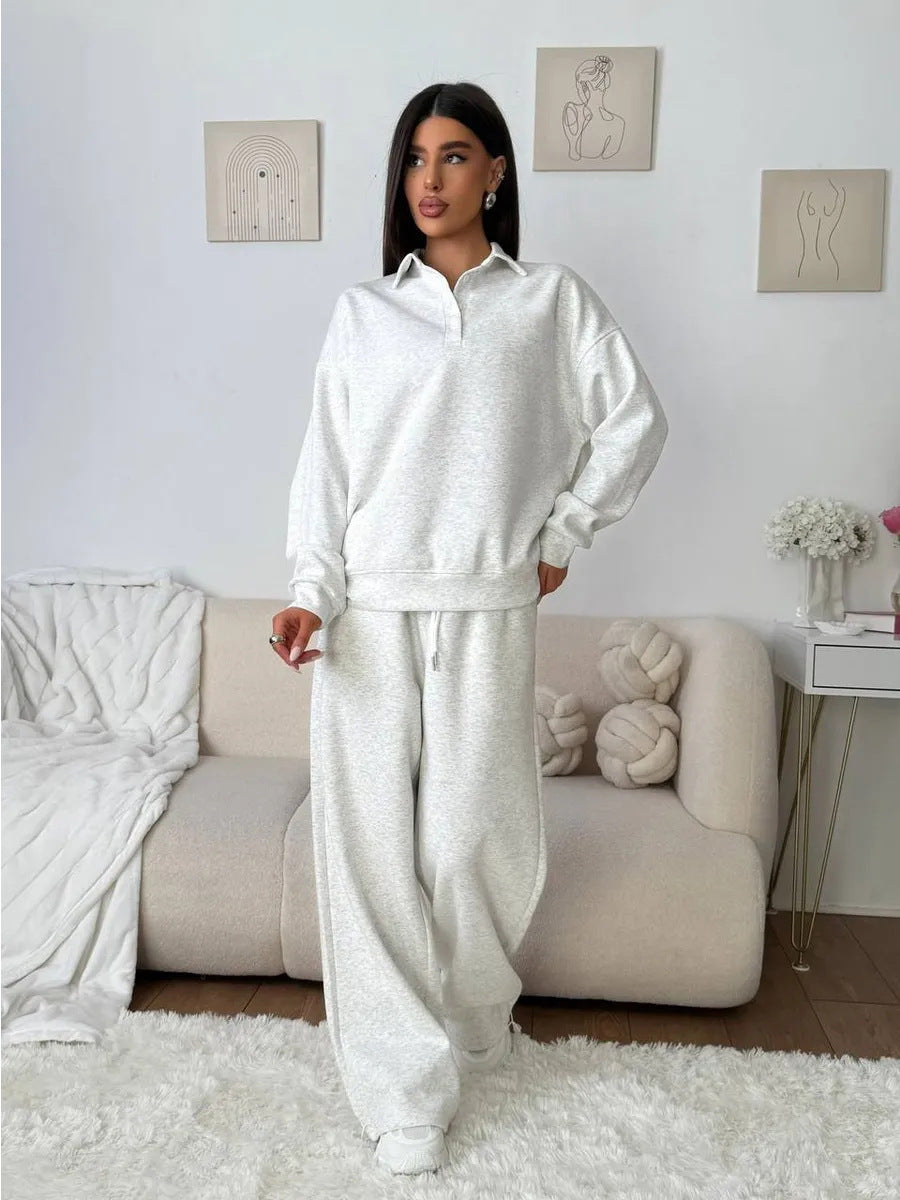 Damen weites Polo-Lounge-Set mit elastischem Tunnelzugbund und Wide‑Leg-Jogginghose Drune