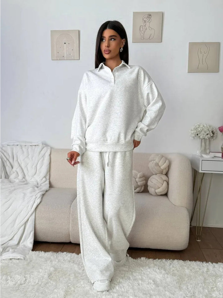 Damen weites Polo-Lounge-Set mit elastischem Tunnelzugbund und Wide‑Leg-Jogginghose Drune