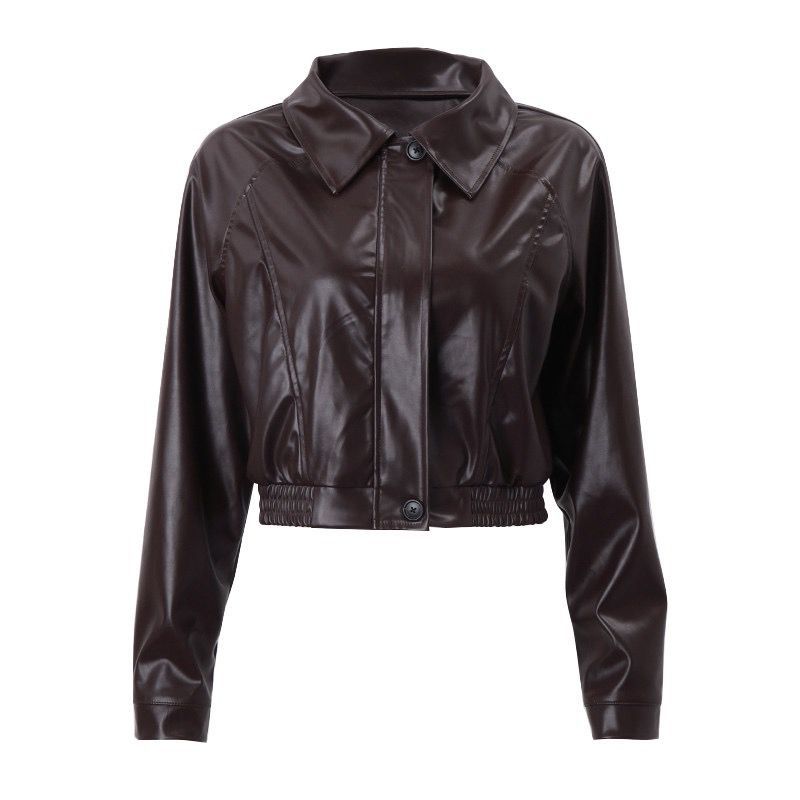 Damen Kurz geschnittene PU-Jacke im Blouson-Stil mit Hemdkragen und tailliertem Gummibund Drune