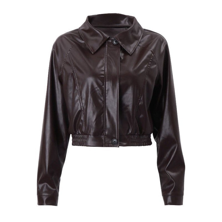 Damen Kurz geschnittene PU-Jacke im Blouson-Stil mit Hemdkragen und tailliertem Gummibund Drune