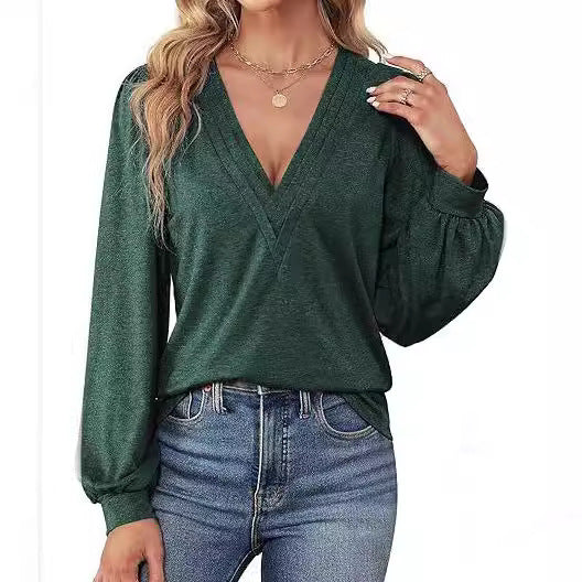 Damen lässiges V-Ausschnitt Shirt mit Puffärmeln und eleganter Raffung Drune