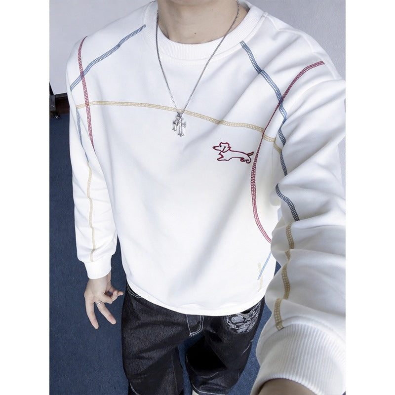 Herren Sweatshirt mit farbiger Ziernaht, gesticktem Hundemotiv und Rundhalsausschnitt Drune