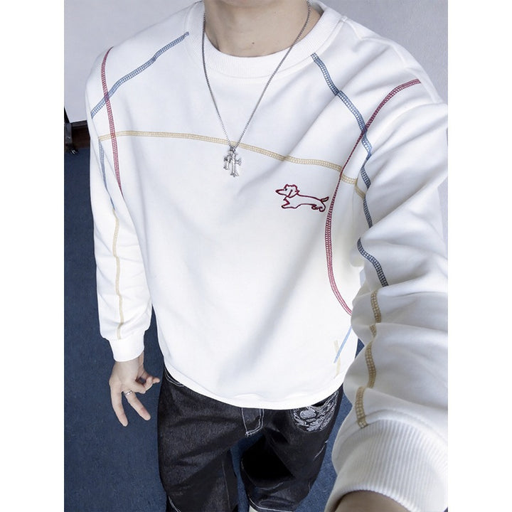 Herren Sweatshirt mit farbiger Ziernaht, gesticktem Hundemotiv und Rundhalsausschnitt Drune