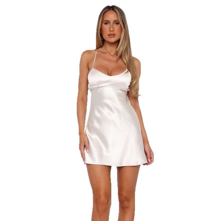 Damen elegantes Satin-Cocktailkleid mit verstellbaren Spaghetti-Trägern und fließendem Schnitt Drune