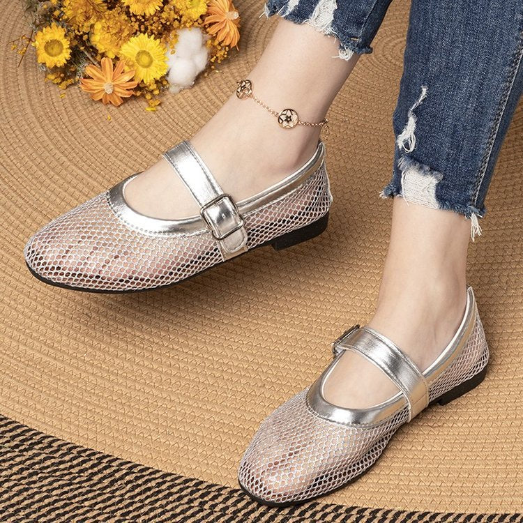 Damen Atmungsaktive Mary‑Jane‑Ballerinas mit Netz‑Mesh‑Obermaterial und verstellbarem Schnallenriemen Drune