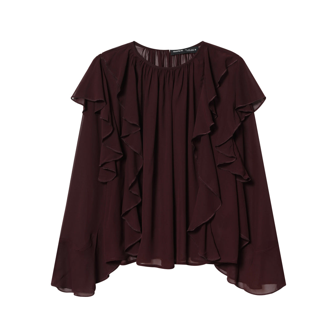 Damen nan voluminöse Chiffonbluse mit mehrlagigen Volants, gerafftem Ausschnitt und lockerem Fall Drune