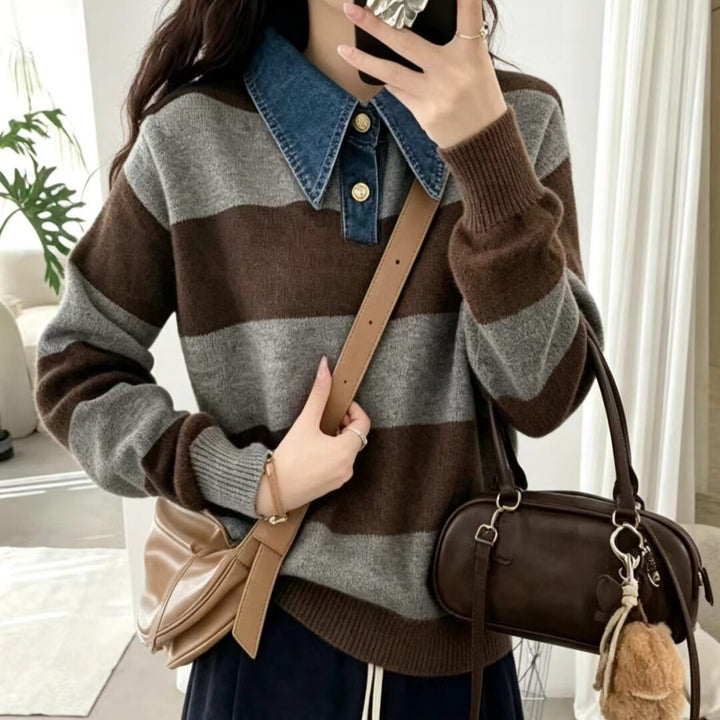 Damen Stilvoller Pullover mit Denim-Kragen Drune