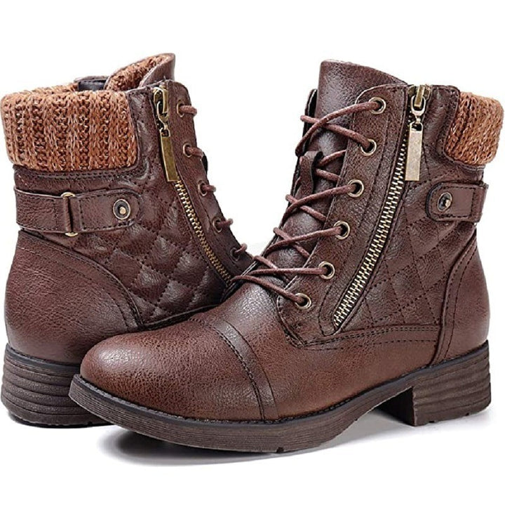 Damen nan gequiltete Schnür-Bikerboots mit seitlichem Reißverschluss, gepolstertem Schaft und robustem Profilsohle Drune