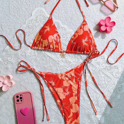 Damen Triangel-Bikini mit floralen Akzenten und raffinierten Bindebändern Drune