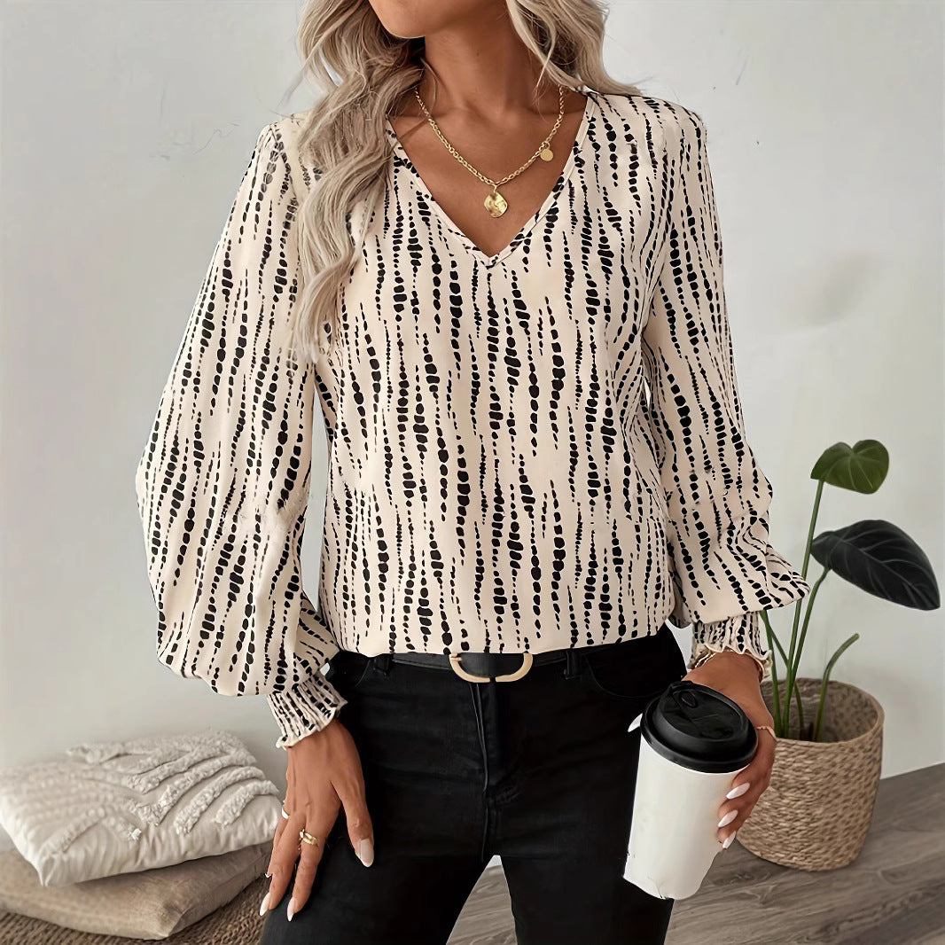 Damen Bluse mit V-Ausschnitt und Puffärmeln Drune