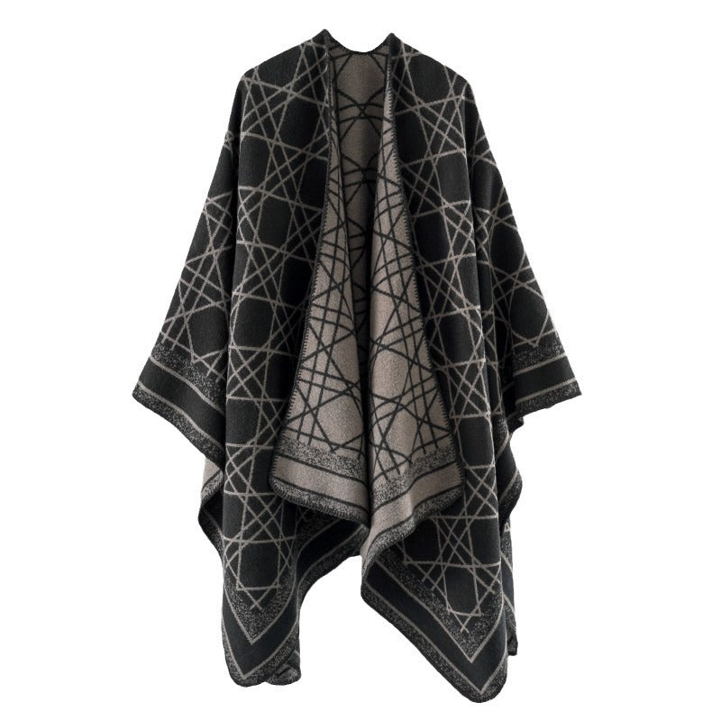Damen Wendbarer Jacquard-Capeponcho mit geometrischem Allovermuster und offenem Kimono-Fall Drune