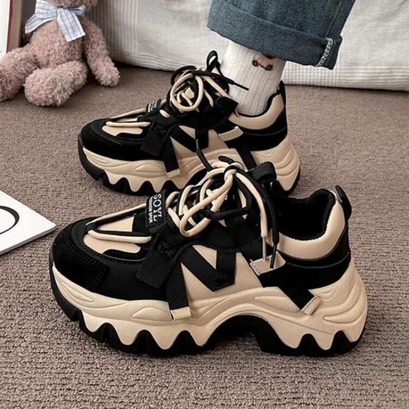 Damen Wellen-Plateau-Sneaker mit Multi-Layer-Obermaterial und Zierbändern Drune