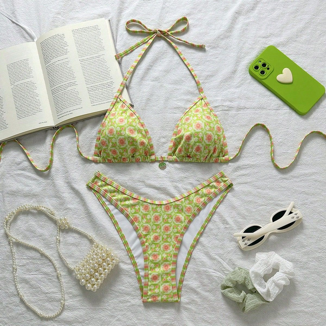 Damen Triangel-Bikini mit frischem Blumendruck und verstellbaren Trägern Drune