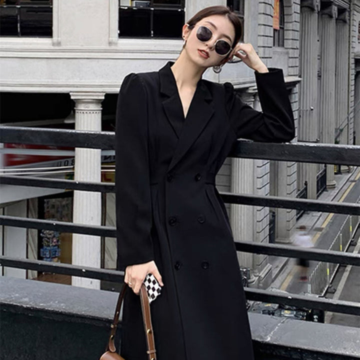 Damen Doppelreihiger Longblazer‑Mantel mit taillierter Schnittführung und strukturierten Schultern Drune