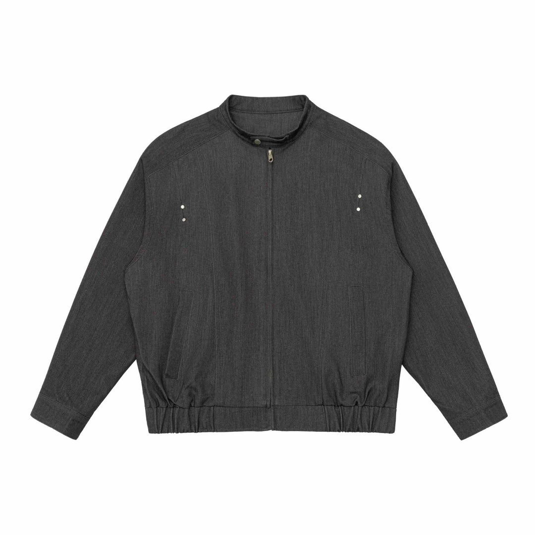 Unisex Kurz geschnittener Denim-Utility-Blouson mit Funnelkragen und Tunnelzugsaum Drune