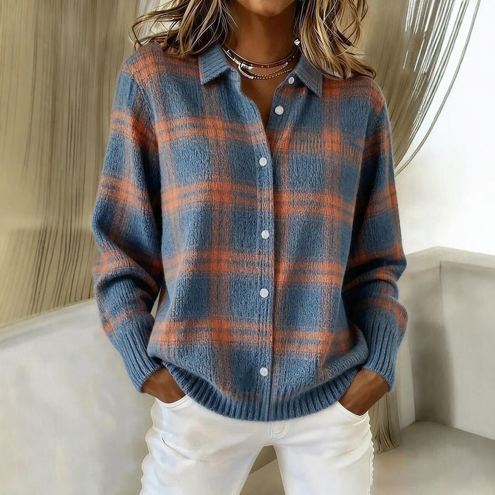 Damen Kariertes Strick-Hemdjacke-Cardigan mit Hemdkragen und gerippten Bündchen Drune