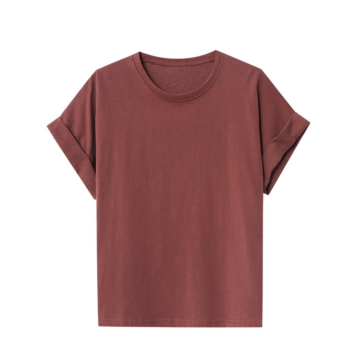 Damen gemütliches V-Ausschnitt T-Shirt mit lässigen, umgeschlagenen Ärmeln Drune