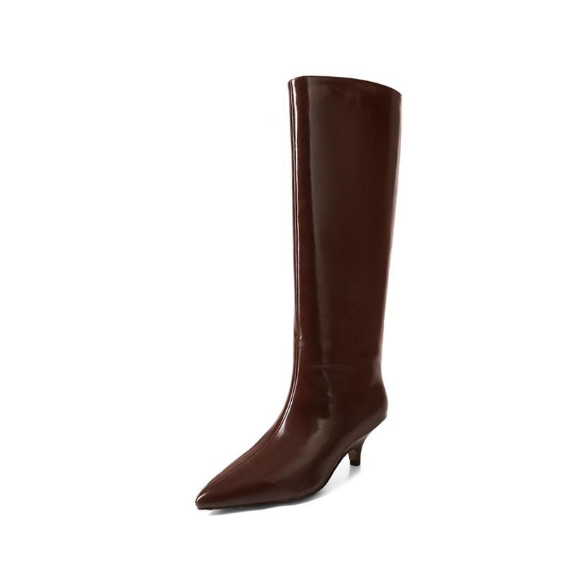 Damen kniehohe Stiefel mit spitzer Zehenkappe und skulpturiertem Kittenabsatz Drune