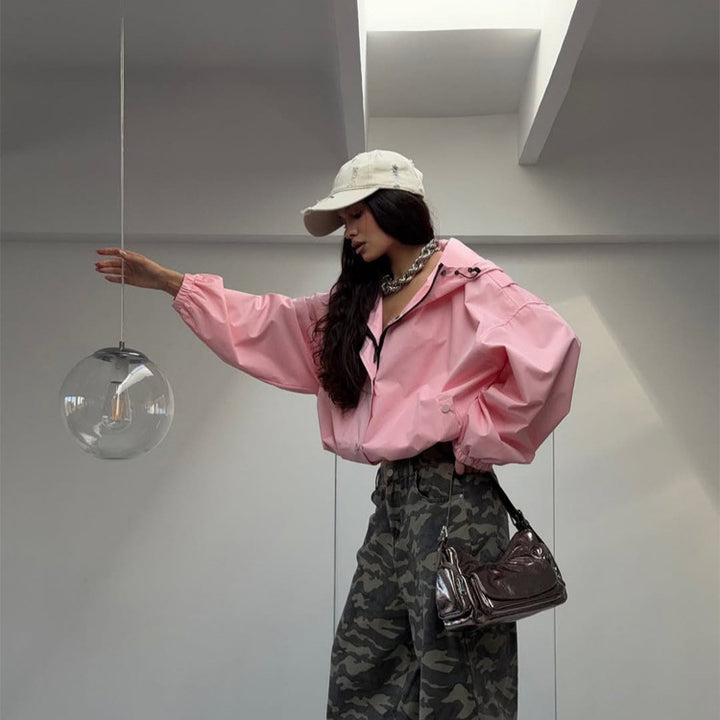 Damen Oversize Windbreaker Jacke mit Kapuze und kurzem Cropped‑Schnitt Drune
