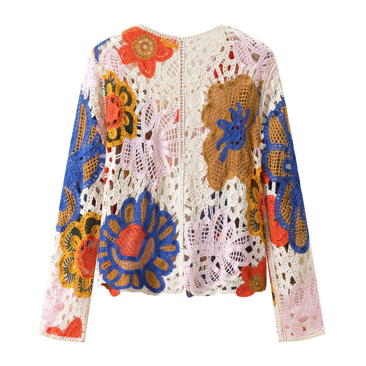 Damen Häkel-Cardigan mit floralen Applikationen und Bindeband Drune
