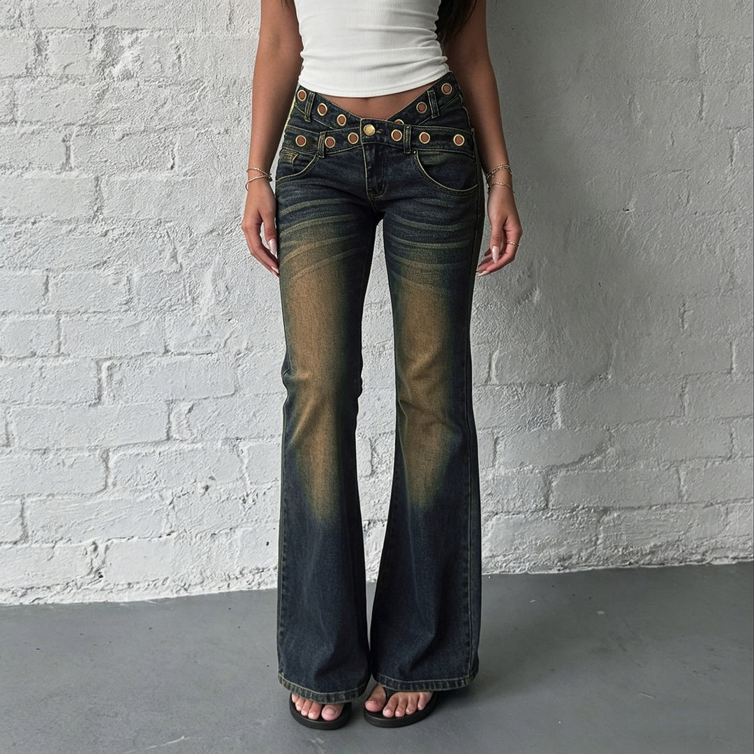 Damen High‑Waist Flared-Jeans mit doppeltem Nietenbund und Used-Effekt Drune