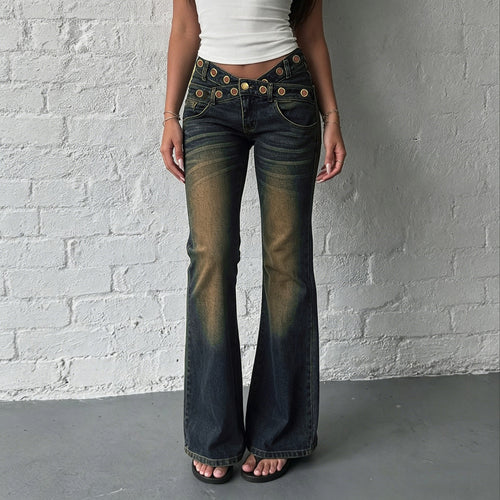 Damen High‑Waist Flared-Jeans mit doppeltem Nietenbund und Used-Effekt Drune