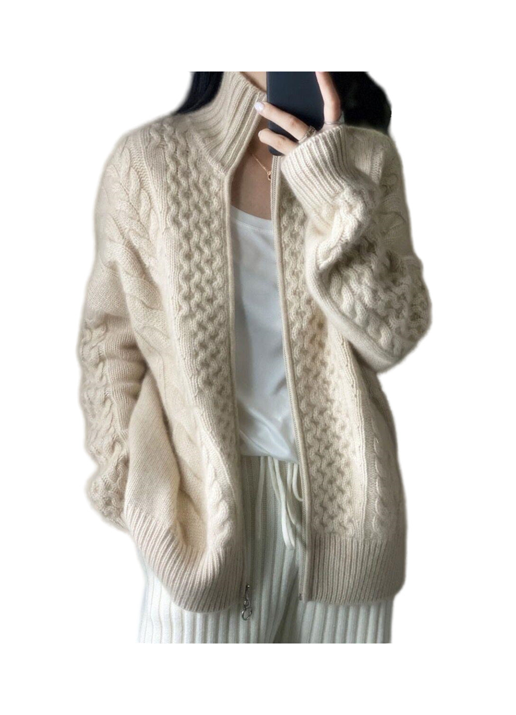 Damen Oversize Zopfmuster-Mockneckpullover aus kuscheligem Mohair‑Look Drune