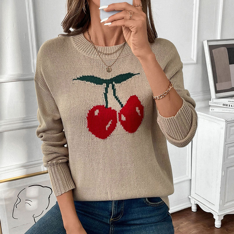 Damen Strickpullover mit Kirschen-Intarsie, Rundhalsausschnitt und legerem Oversize-Schnitt Drune