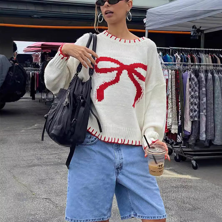 Damen lässiger Pullover mit kunstvollem Schleifenmuster Drune