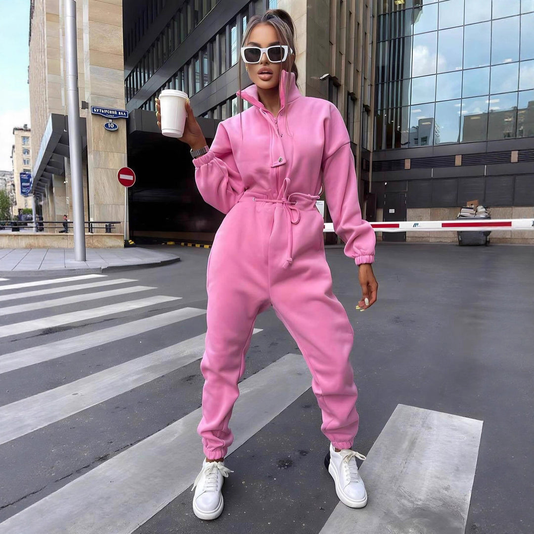 Damen taillierter Velours-Jumpsuit mit Tunnelzug Stehkragen und elastischen Bündchen Drune
