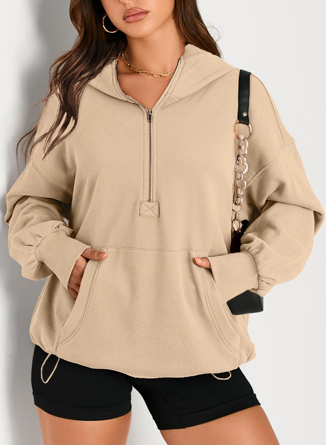 Damen Oversize-Halbzip-Hoodie mit Tunnelzug und Kängurutasche Drune