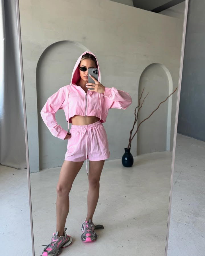 Damen Freizeit-Crop-Set mit Hoodie und Shorts Drune