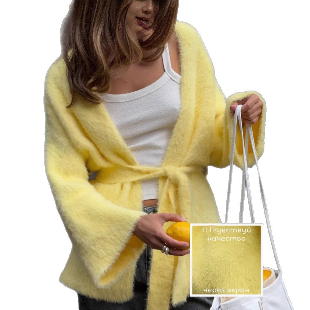 Damen Flauschige Strickjacke mit Gürtel Drune