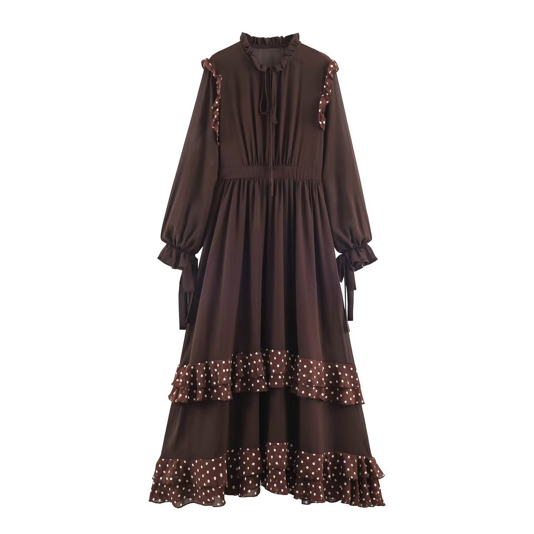 Damen Midikleid mit Volantstufen, Stehkragen und Ballonärmeln Drune