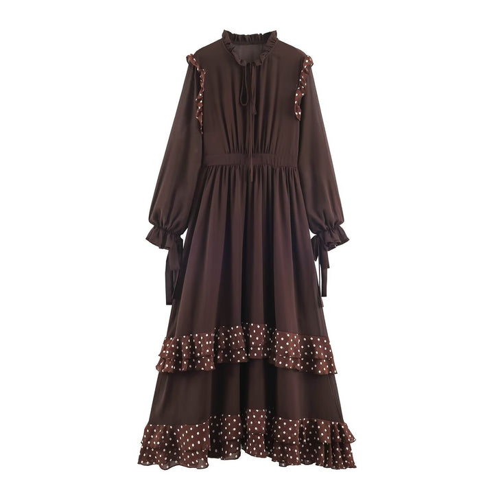 Damen Midikleid mit Volantstufen, Stehkragen und Ballonärmeln Drune