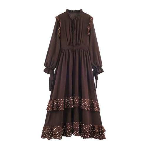 Damen Midikleid mit Volantstufen, Stehkragen und Ballonärmeln Drune