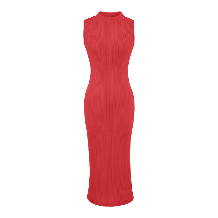 Damen Midikleid in Rippstrick, ärmelloses Slim‑Fit mit Stehkragen Drune